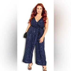 City Chic Dazzling Sequin Jumpsuit - Navy Blue Size 16